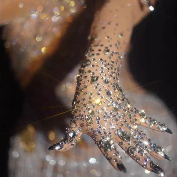 Rhinestones Spandex Elbow Length Gloves Crystals Embellished Long Mittens - Picture 6 of 11